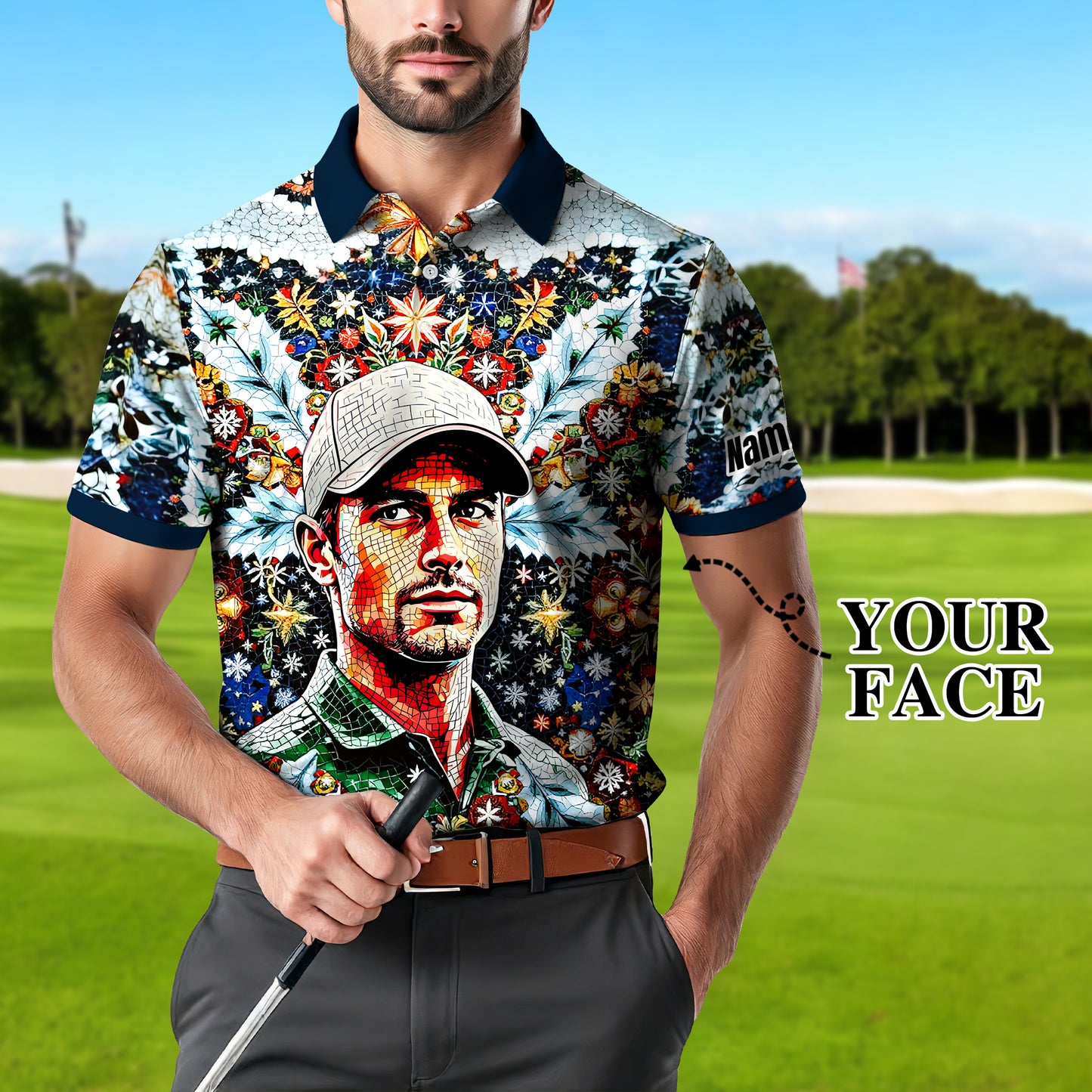 Personalized Christmas Golf Polo Shirt with Your Face – Custom Photo Holiday Shirt – Unique Mosaic Art Xmas Gift for Men, Custom Golf Apparel Style 7