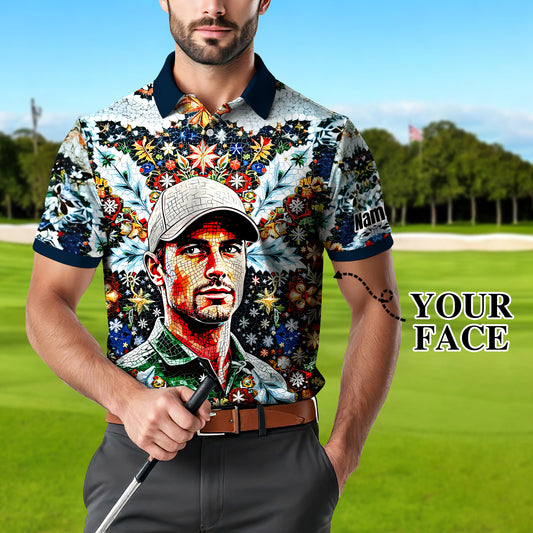 Personalized Christmas Golf Polo Shirt with Your Face – Custom Photo Holiday Shirt – Unique Mosaic Art Xmas Gift for Men, Custom Golf Apparel Style 7