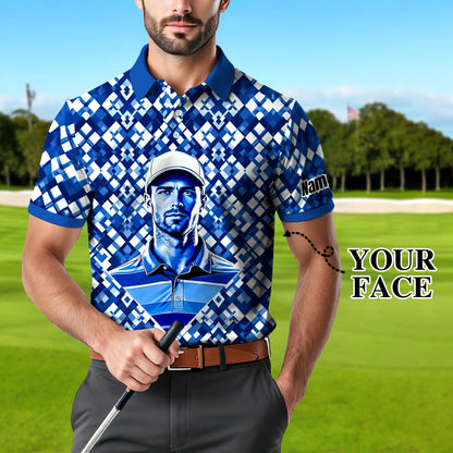 Custom Face Polo Shirt – Geometric Diamond Pattern | Personalized Photo Golf Polo | Unique Gift for Him, Retro Geometric Style Shirt Style 4
