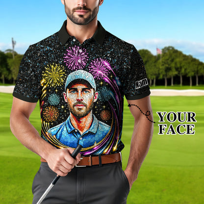 Custom Face Golf Polo Shirt – New Year Fireworks Edition | Personalized Golf Polo | Unique Holiday Gift for Him 2025 Style 9