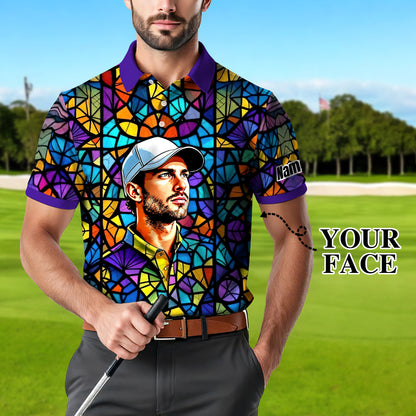 Custom Face Golf Polo Shirt – Personalized Stained Glass Art Shirt, Unique Golf Gift for Him, Colorful Abstract Golf Polo, Custom Sportswear