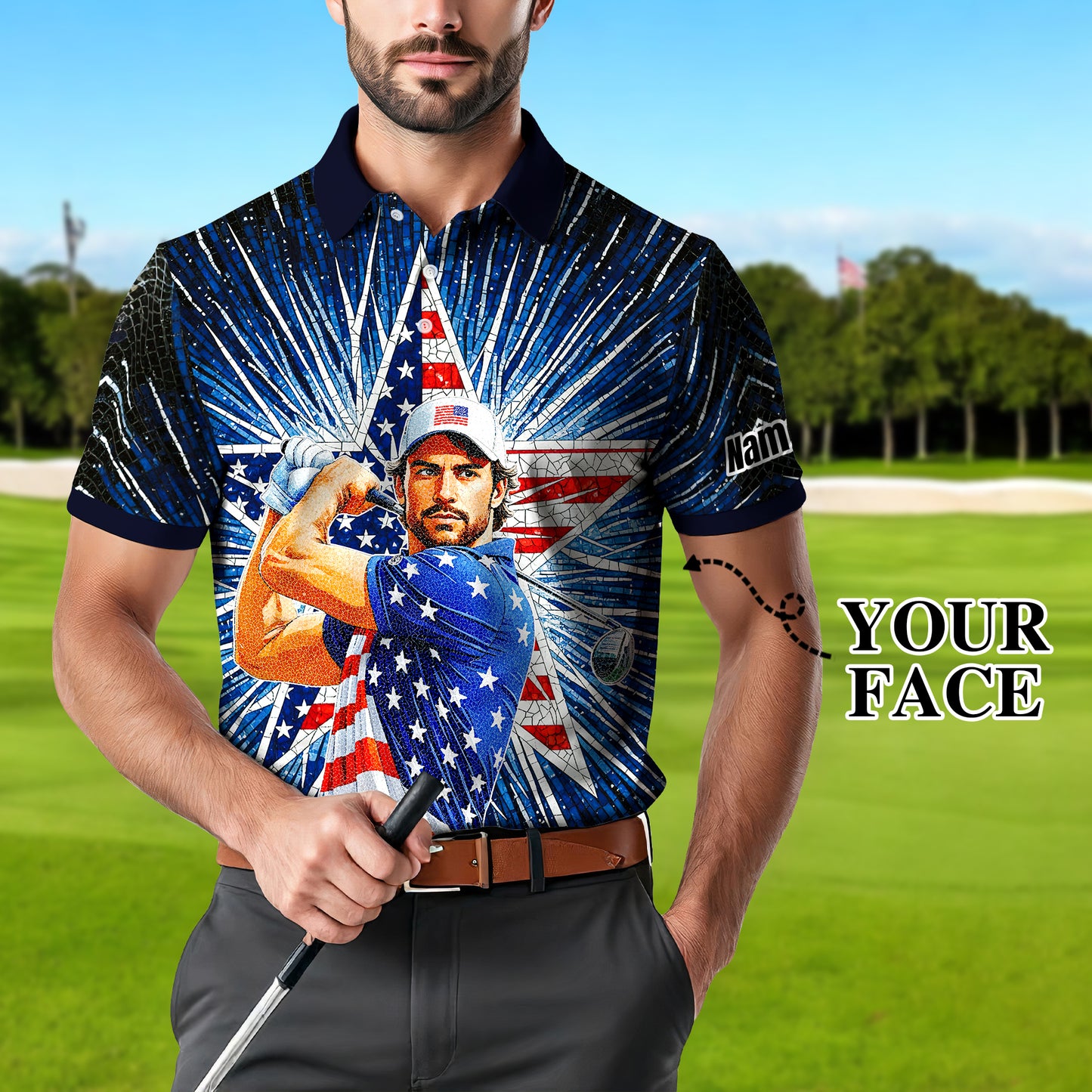 Custom Face Patriotic Golf Polo Shirt – Personalized USA Flag Design – American Pride Gift for Him – Mosaic Art Golf Shirt Style 4