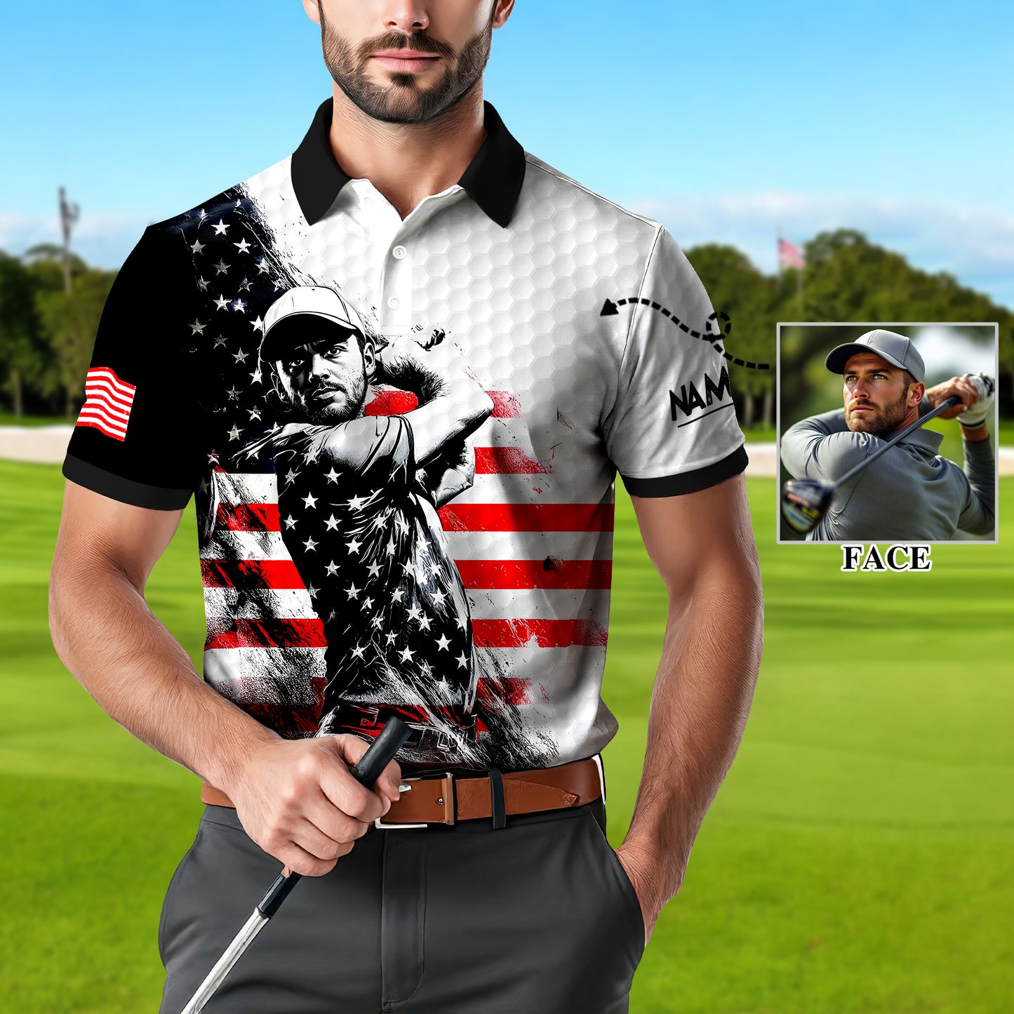 HomyGifts Men's Customized Face Artistic Golf Polo Shirt, Personalized American Flag Design, Unique Gift for Patriotic Golfers Style 8