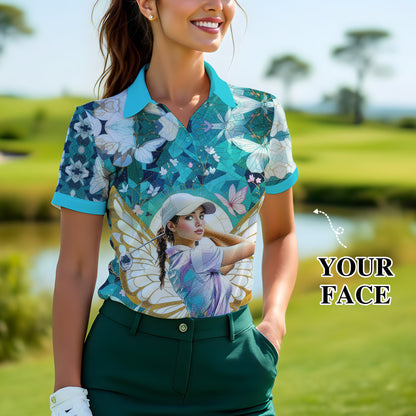 Custom Face Women’s Golf Polo Shirt – Spring Butterfly Mirage Art | Personalized Floral Fantasy Sports Shirt for Golfers Style 7