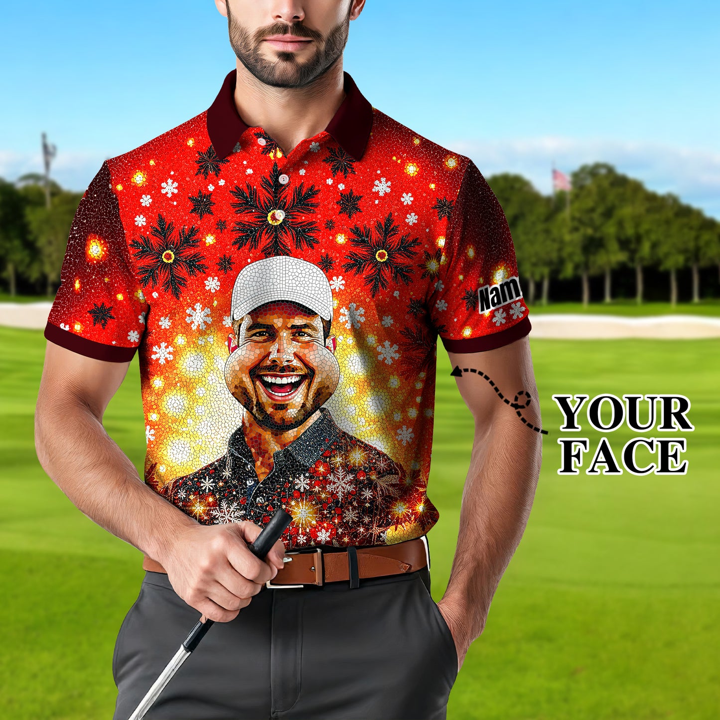 Custom Face Golf Polo Shirt – Personalized Christmas Golf Shirt for Him, Unique Holiday Gift for Golfer, Snowflake Mosaic Art Design Golf Apparel Style 13.3