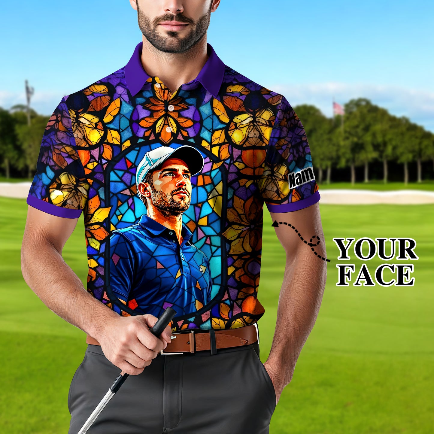 Custom Face Golf Polo Shirt – Personalized Stained Glass Art Shirt, Unique Golf Gift for Him, Colorful Abstract Golf Polo, Custom Sportswear