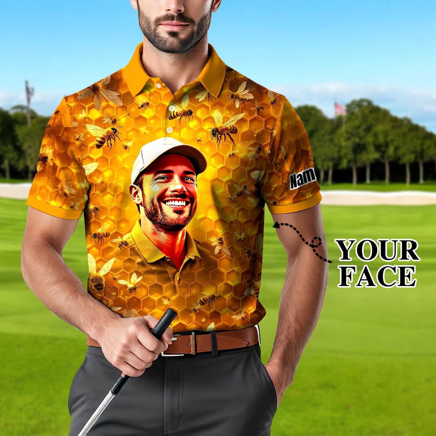 HomyGifts Men's Customized Face Artistic Golf Polo Shirt, Personalized Bee & Honeycomb Polo Shirt with Face, Funny Honey Lover Outfit, Summer Polo for Men Style 4