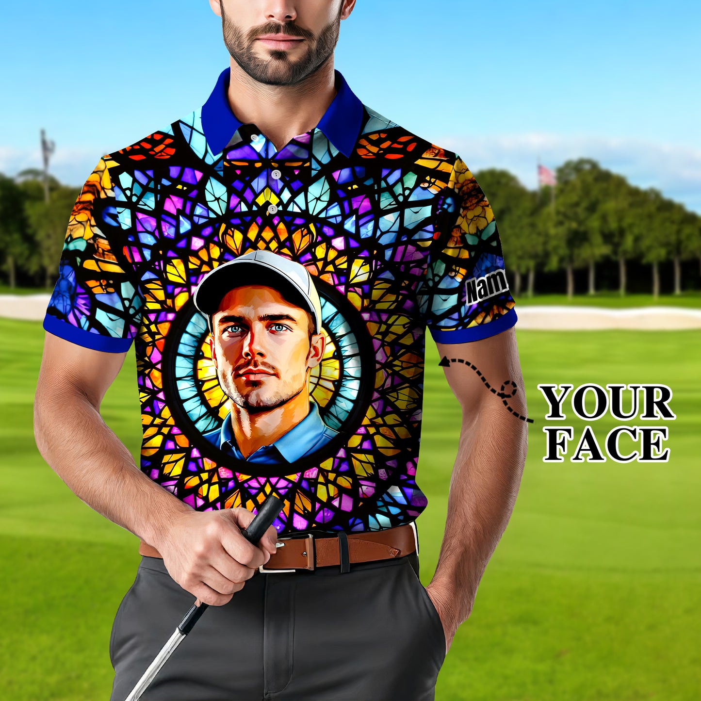 Custom Face Golf Polo Shirt – Personalized Stained Glass Mandala Style Polo, Unique Gift for Men & Women, Vibrant Artistic Golf Shirt, Custom Photo Polo