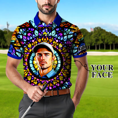 Custom Face Golf Polo Shirt – Personalized Stained Glass Mandala Style Polo, Unique Gift for Men & Women, Vibrant Artistic Golf Shirt, Custom Photo Polo
