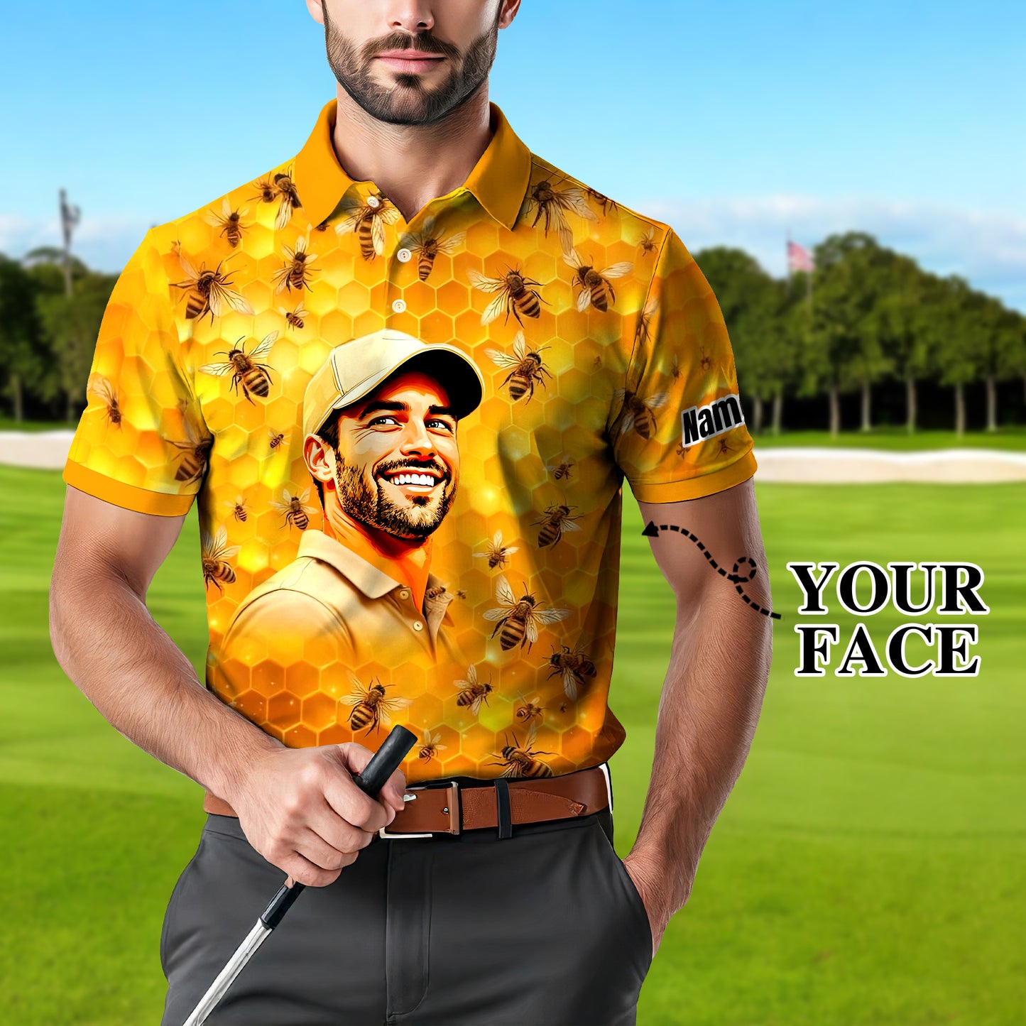 HomyGifts Men's Customized Face Artistic Golf Polo Shirt, Personalized Bee & Honeycomb Polo Shirt with Face, Funny Honey Lover Outfit, Summer Polo for Men Style 6