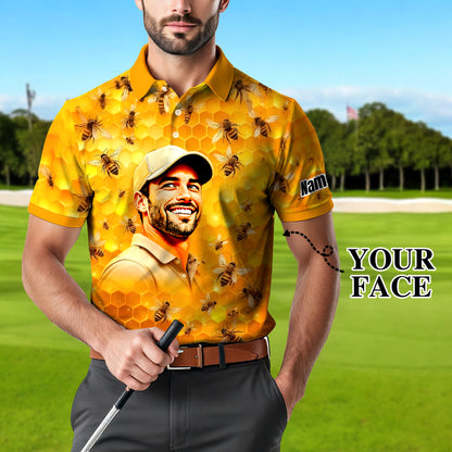 HomyGifts Men's Customized Face Artistic Golf Polo Shirt, Personalized Bee & Honeycomb Polo Shirt with Face, Funny Honey Lover Outfit, Summer Polo for Men Style 6
