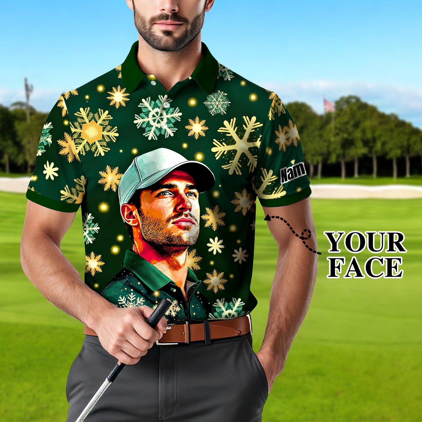Custom Face Golf Polo Shirt – Personalized Christmas Golf Shirt for Him, Unique Holiday Gift for Golfer, Snowflake Design Golf Apparel Style 19