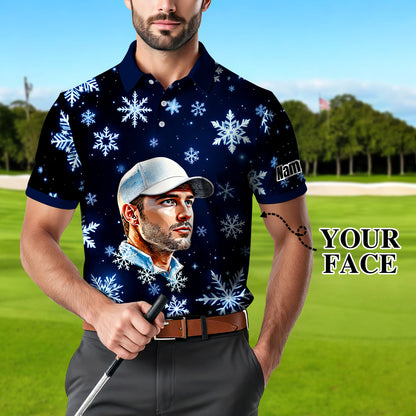 Custom Face Golf Polo Shirt – Personalized Christmas Golf Shirt for Him, Unique Holiday Gift for Golfer, Snowflake Design Golf Apparel Style 4