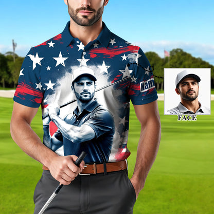 HomyGifts Men's Customized Face Artistic Golf Polo Shirt, Personalized American Flag Design, Unique Gift for Patriotic Golfers Style 29
