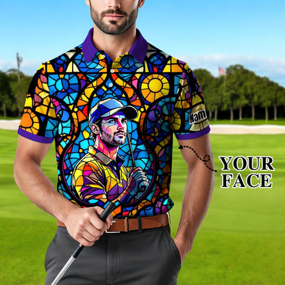Custom Face Golf Polo Shirt – Personalized Stained Glass Art Shirt, Unique Golf Gift for Him, Colorful Abstract Golf Polo, Custom Sportswear