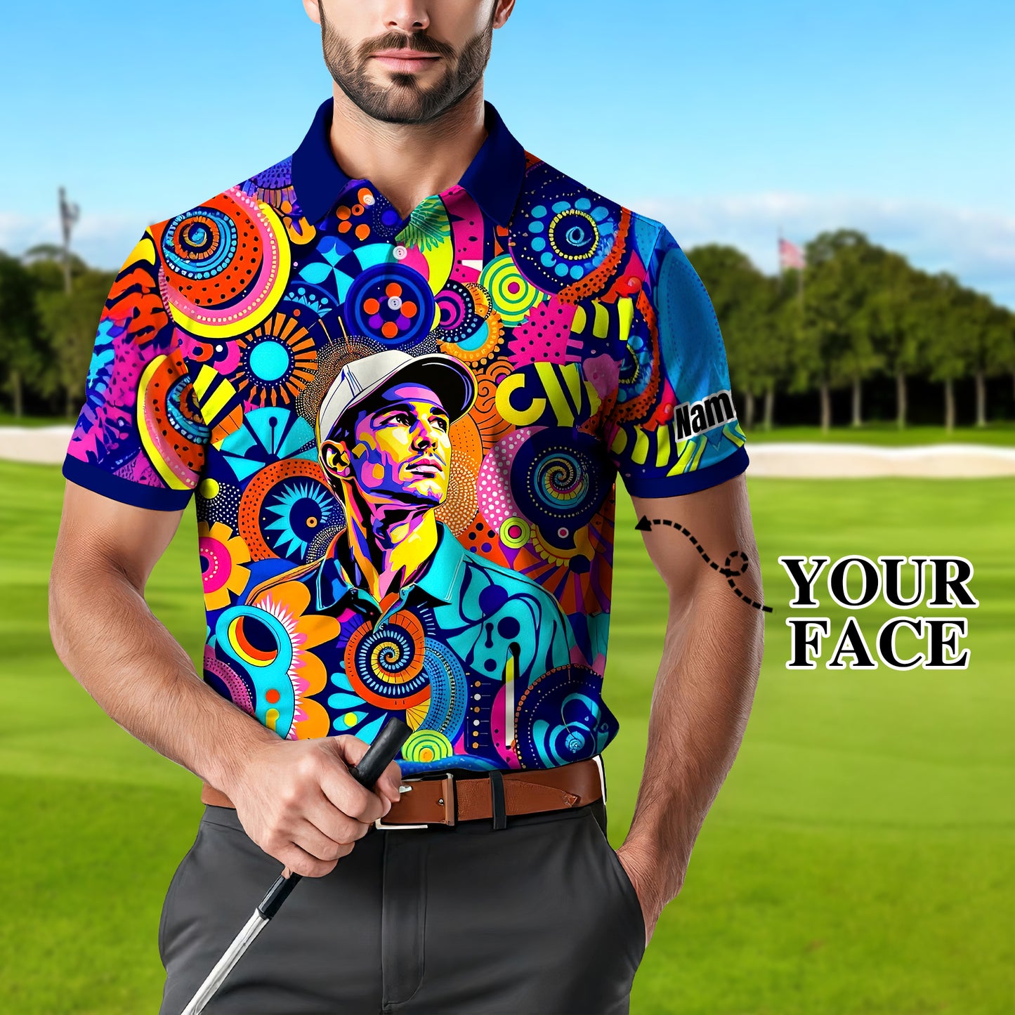 HomyGifts Custom Face Polo Shirt – Personalized Abstract Geometric Art Photo Shirt, Unique Gift for Him & Her