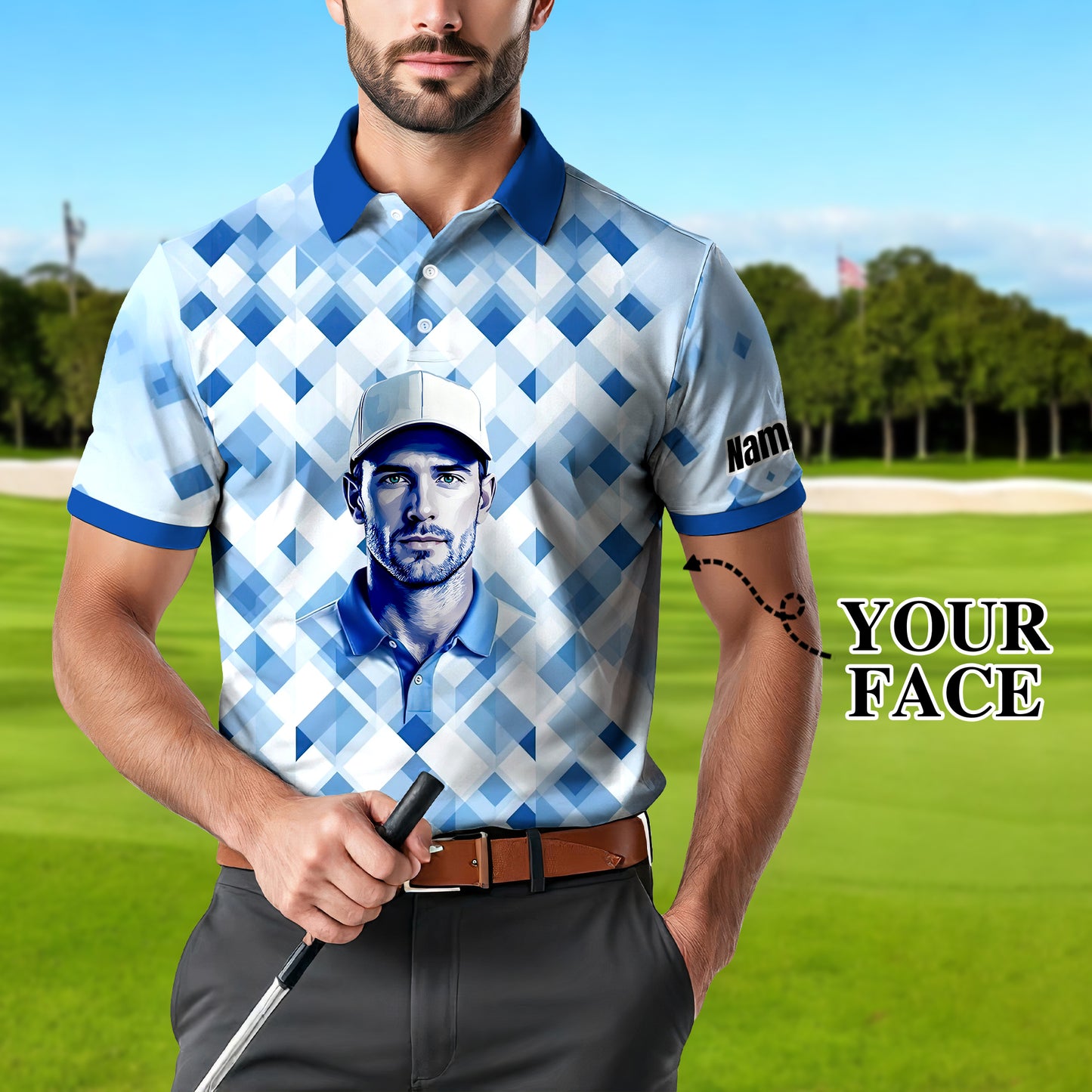Custom Face Polo Shirt – Geometric Diamond Pattern | Personalized Photo Golf Polo | Unique Gift for Him, Retro Geometric Style Shirt Style 1