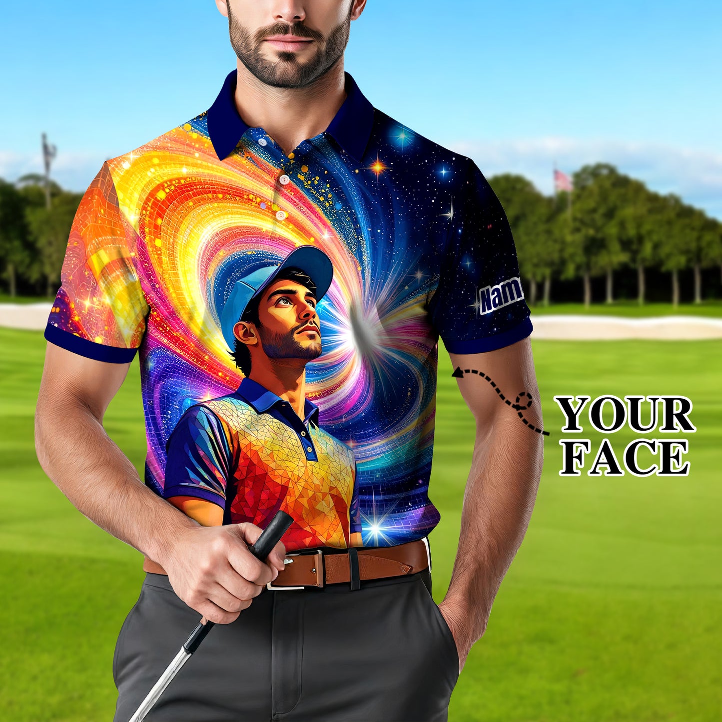 HomyGifts Men's Customized Face Artistic Golf Polo Shirt, Mosaic Art Style, Unique Personalized Golf Polo For Men