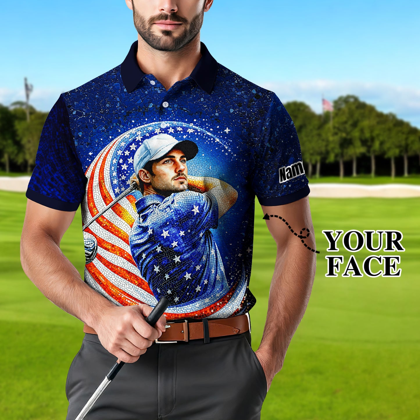 Custom Face Patriotic Golf Polo Shirt – Personalized USA Flag Design – American Pride Gift for Him – Mosaic Art Golf Shirt Style 11