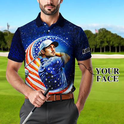 Custom Face Patriotic Golf Polo Shirt – Personalized USA Flag Design – American Pride Gift for Him – Mosaic Art Golf Shirt Style 11