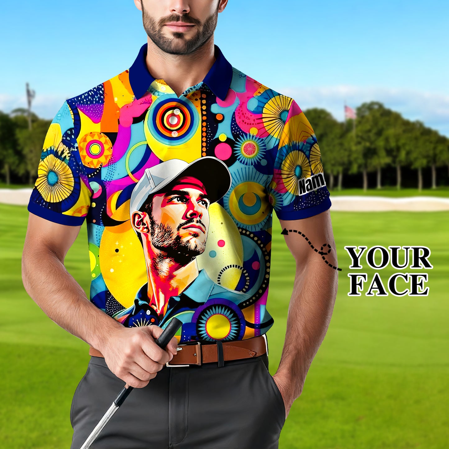 HomyGifts Custom Face Polo Shirt – Personalized Abstract Geometric Art Photo Shirt, Unique Gift for Him & Her