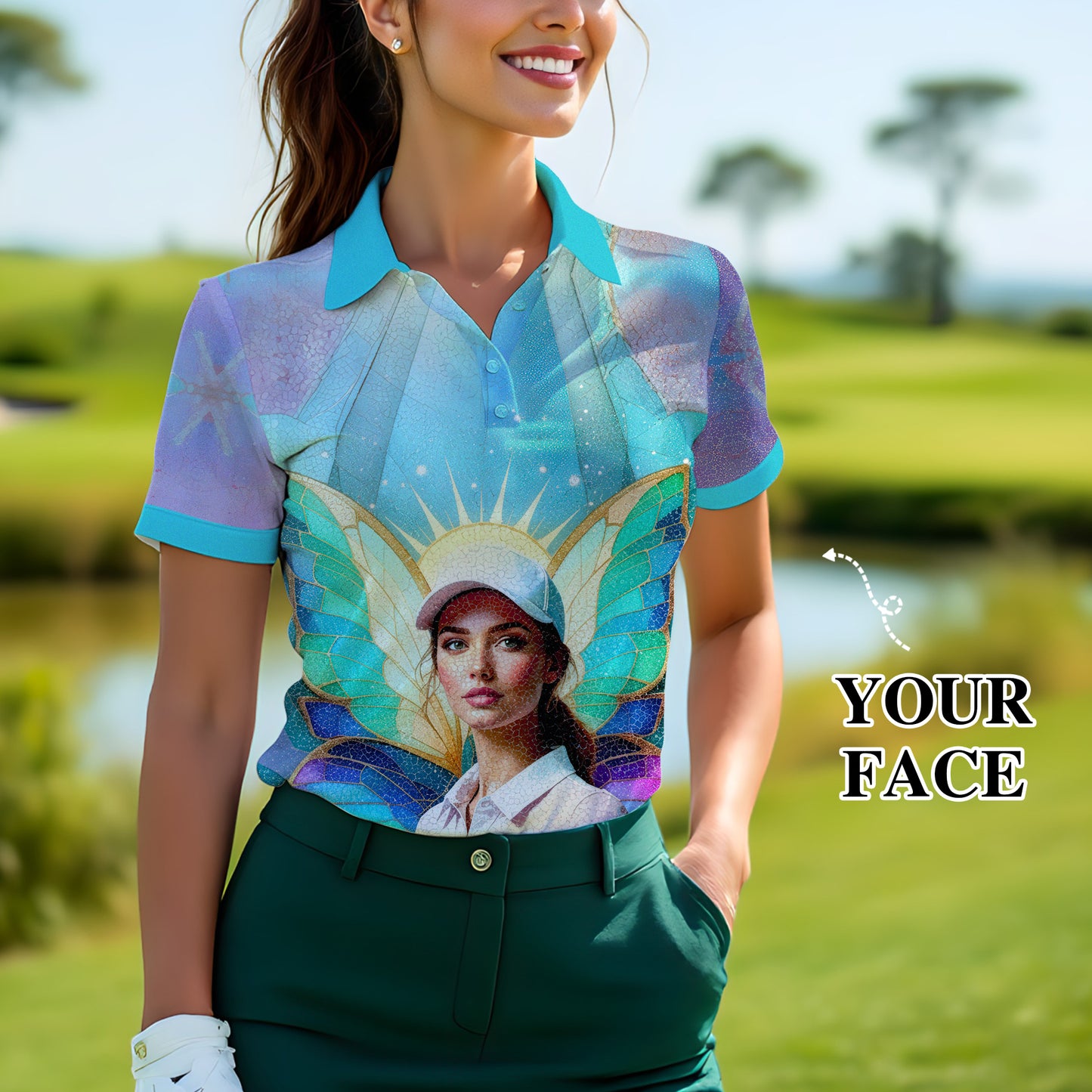 Custom Face Women’s Golf Polo Shirt – Spring Butterfly Mirage Art | Personalized Floral Fantasy Sports Shirt for Golfers Style 3