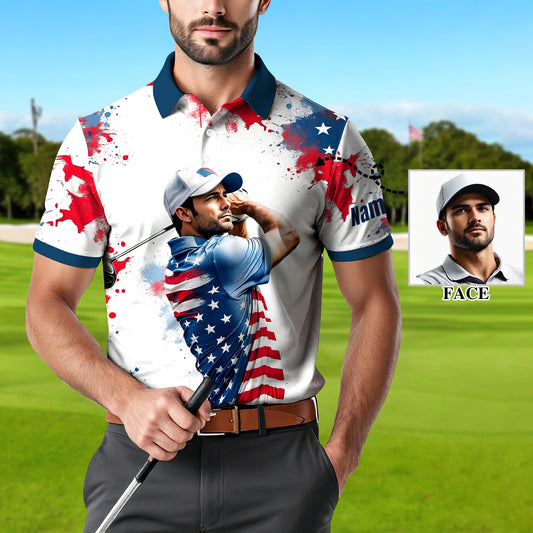 Men's Patriotic Custom Face Golf Polo Shirt - American Flag Design