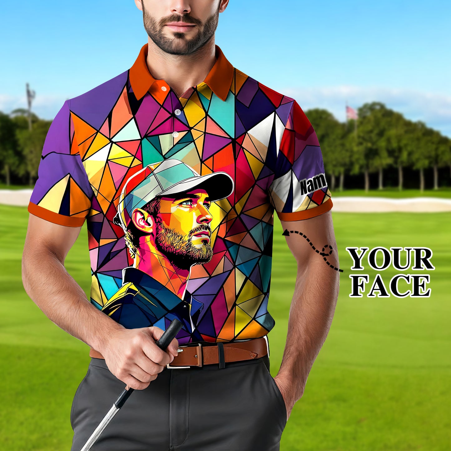 HomyGifts Men's Customized Face Artistic Golf Polo Shirt, Angular Geometric Glass Pattern, Stained-Glass Mosaic Print, Personalized Sublimation Golf Shirt, Vibrant Geometric Portrait Tee