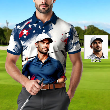 HomyGifts Men's Customized Face Artistic Golf Polo Shirt, Personalized American Flag Design, Unique Gift for Patriotic Golfers Style 28