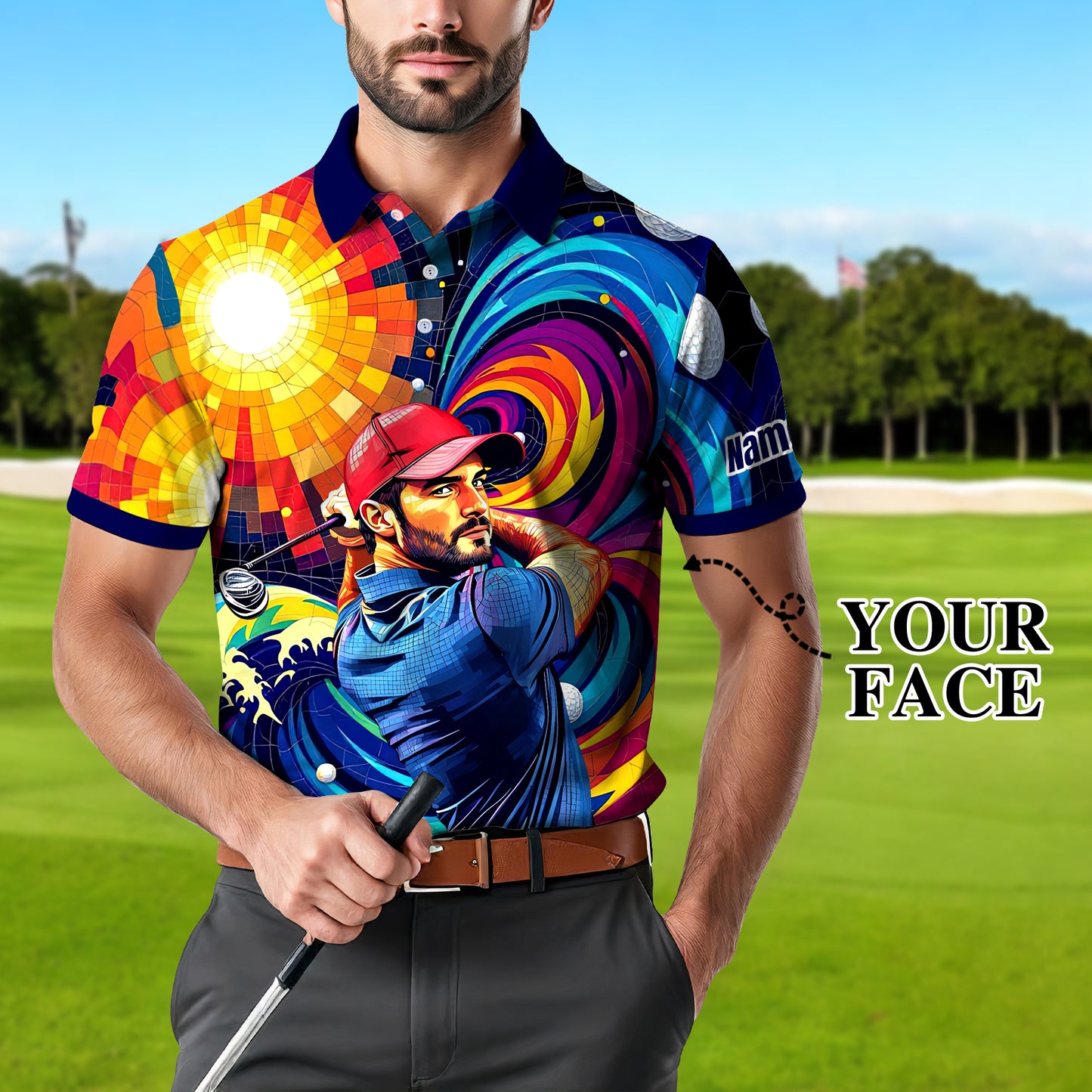 HomyGifts Men's Customized Face Artistic Golf Polo Shirt, Mosaic Art Style, Unique Personalized Golf Polo For Men Style 11