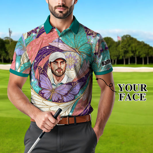 Custom Face Butterfly Golf Polo Shirt – Personalized Spring Mirage Art Style – Unique Gift for Him, Nature Inspired Men's Shirt Style 1