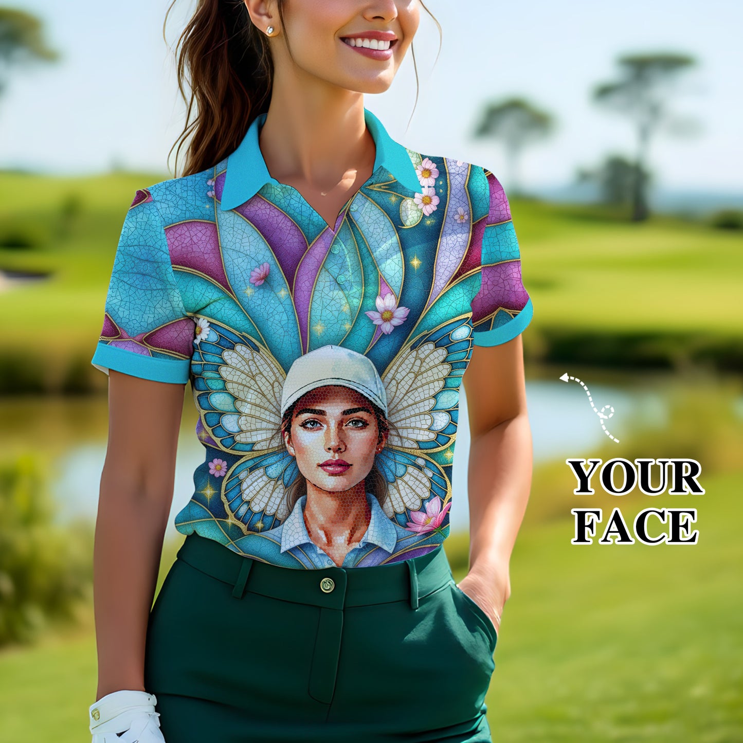 Custom Face Women’s Golf Polo Shirt – Spring Butterfly Mirage Art | Personalized Floral Fantasy Sports Shirt for Golfers Style 1
