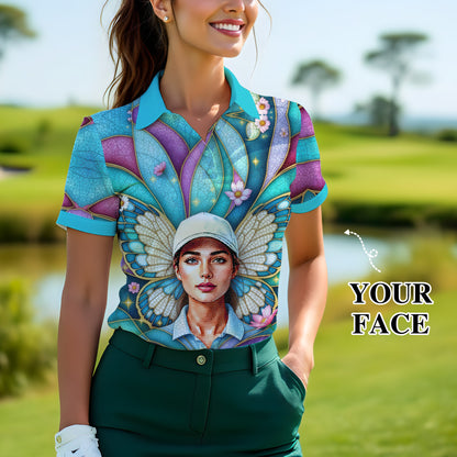 Custom Face Women’s Golf Polo Shirt – Spring Butterfly Mirage Art | Personalized Floral Fantasy Sports Shirt for Golfers Style 1
