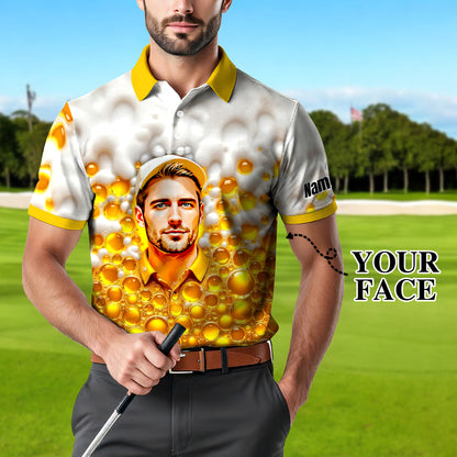 HomyGifts Men's Customized Face Artistic Golf Polo Shirt, Beer pattern Design, Special Gift for Beer & Golf Lovers, Summer Party Outfit, Unique Gift for Men Style 2