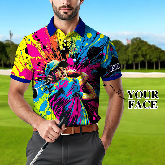 Men's Custom Face Pop Art Golf Polo – Personalized Portrait Shirt for Men with Vibrant Spray Paint