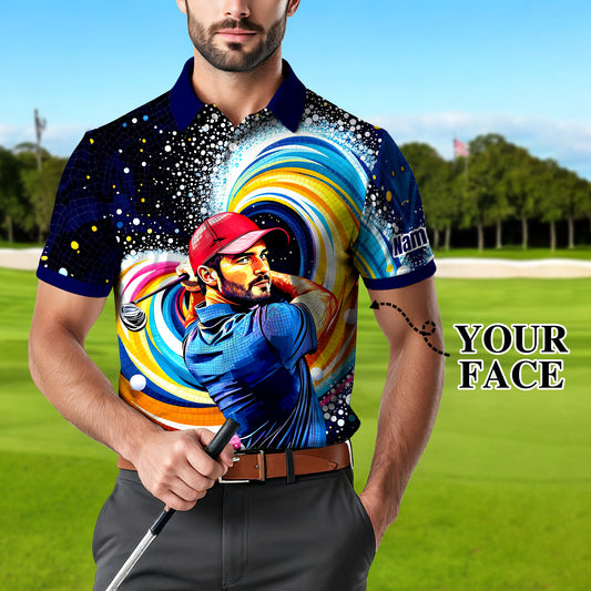 Men's Custom Face Artistic Golf Polo Shirt, Mosaic Art Style, Unique Personalized Golf Polo For Men