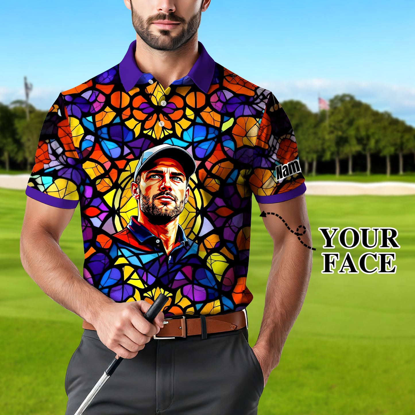 Custom Face Golf Polo Shirt – Personalized Stained Glass Art Shirt, Unique Golf Gift for Him, Colorful Abstract Golf Polo, Custom Sportswear