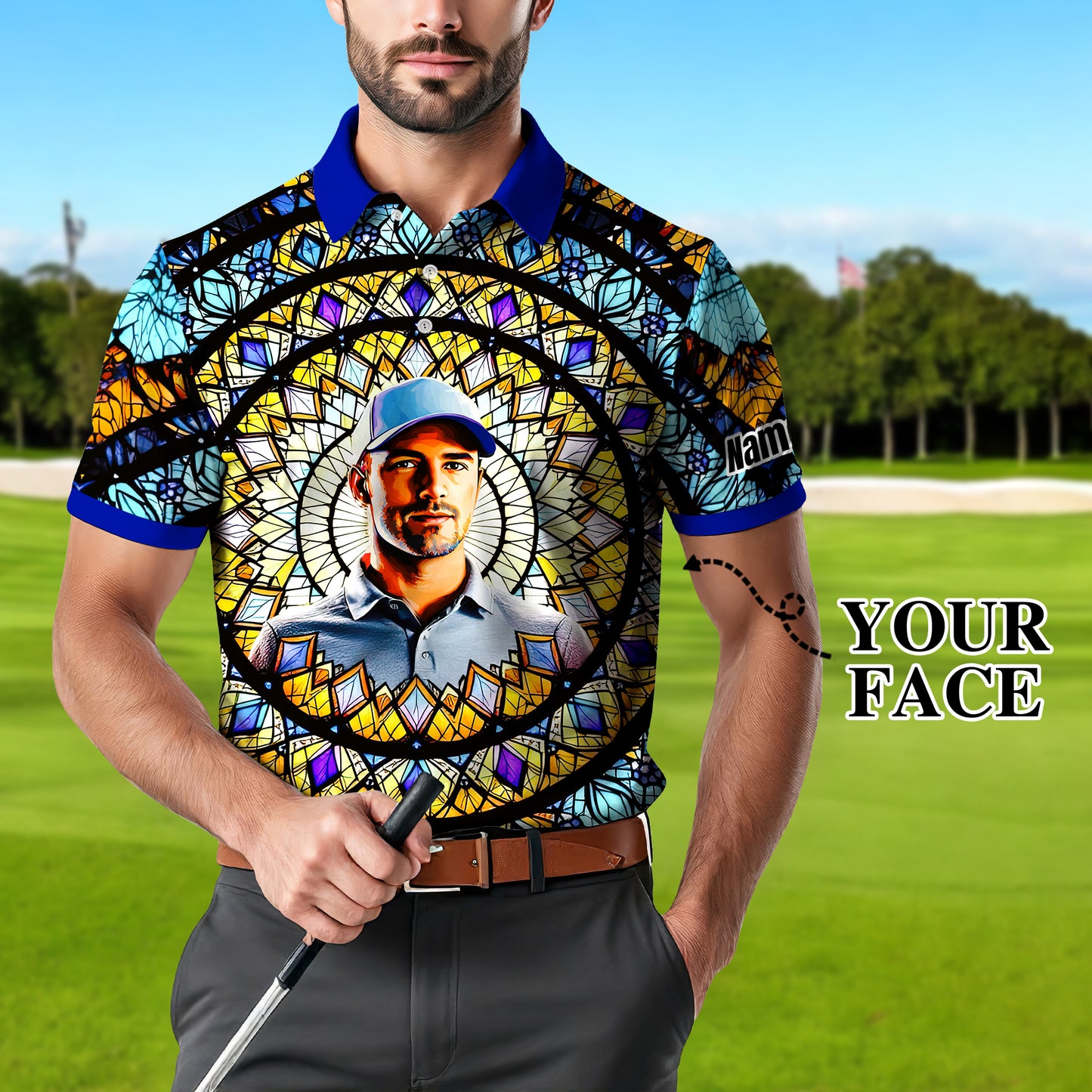 Custom Face Golf Polo Shirt – Personalized Stained Glass Mandala Style Polo, Unique Gift for Men & Women, Vibrant Artistic Golf Shirt, Custom Photo Polo