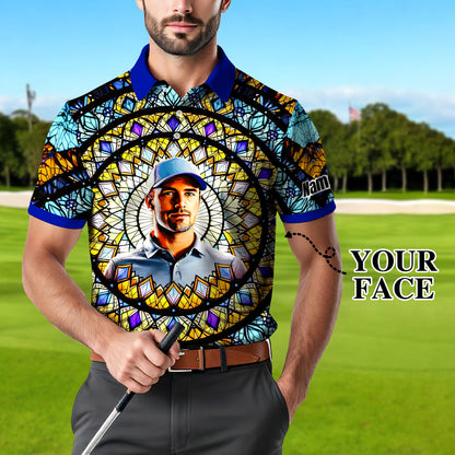 Custom Face Golf Polo Shirt – Personalized Stained Glass Mandala Style Polo, Unique Gift for Men & Women, Vibrant Artistic Golf Shirt, Custom Photo Polo
