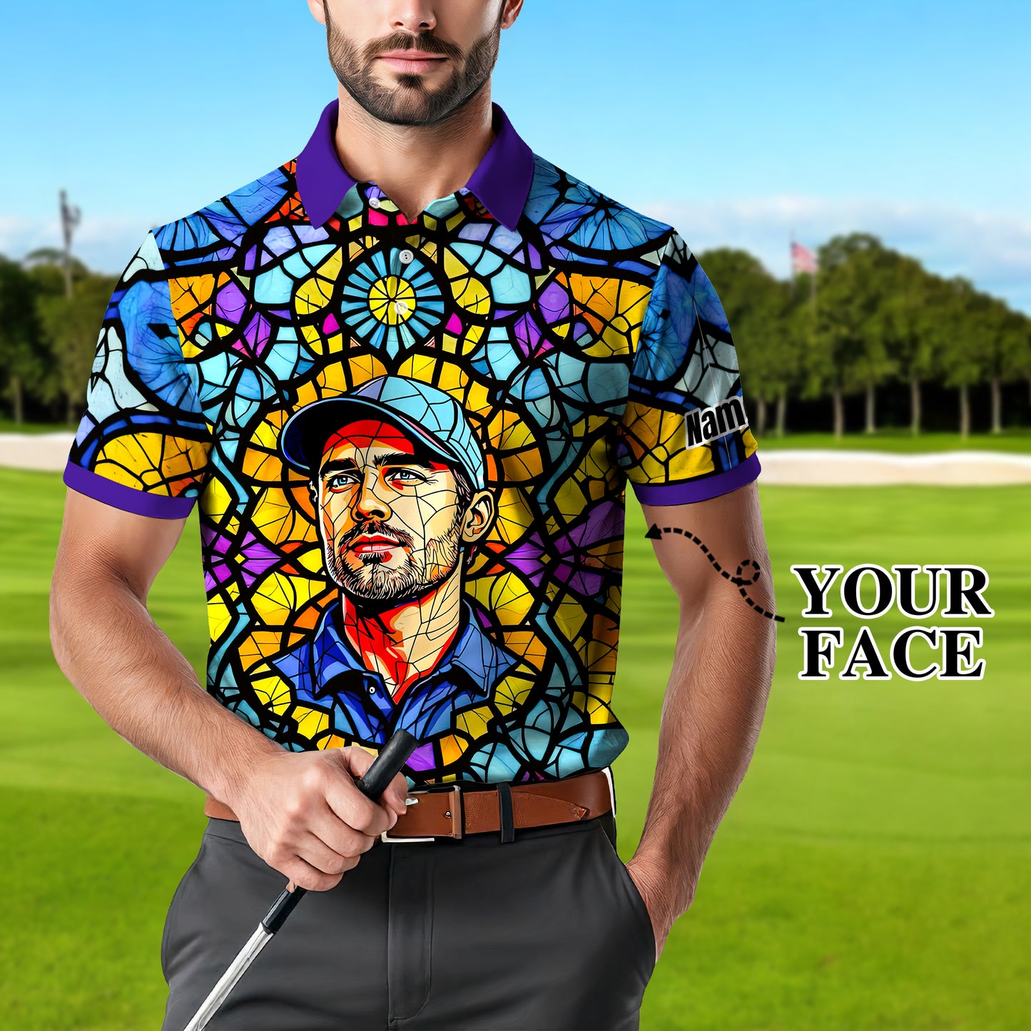 Custom Face Golf Polo Shirt – Personalized Stained Glass Art Shirt, Unique Golf Gift for Him, Colorful Abstract Golf Polo, Custom Sportswear