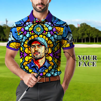 Custom Face Golf Polo Shirt – Personalized Stained Glass Art Shirt, Unique Golf Gift for Him, Colorful Abstract Golf Polo, Custom Sportswear