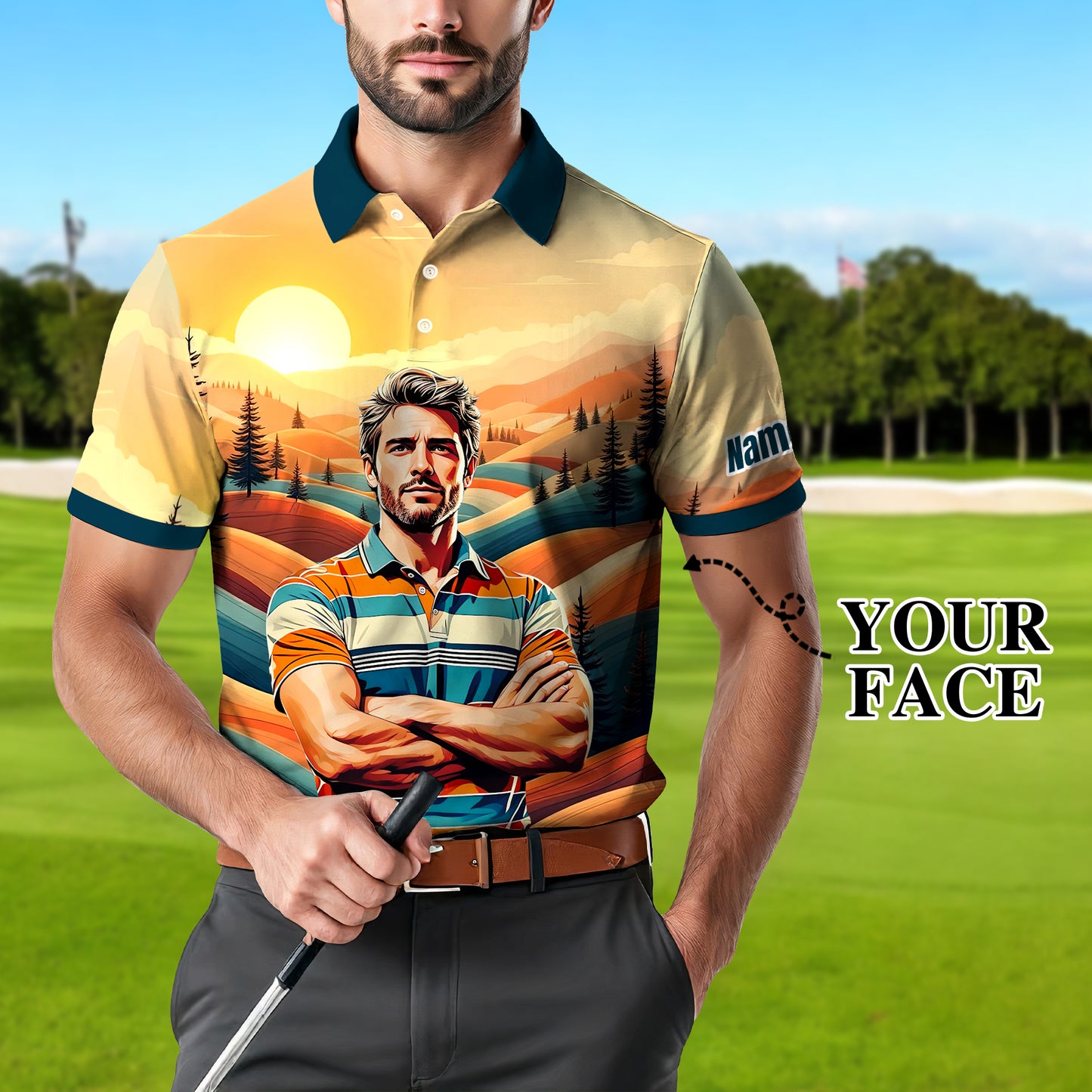 Custom Vintage Americana Golf Polo with Your Face - Retro Personalized Gift for Men Style 7