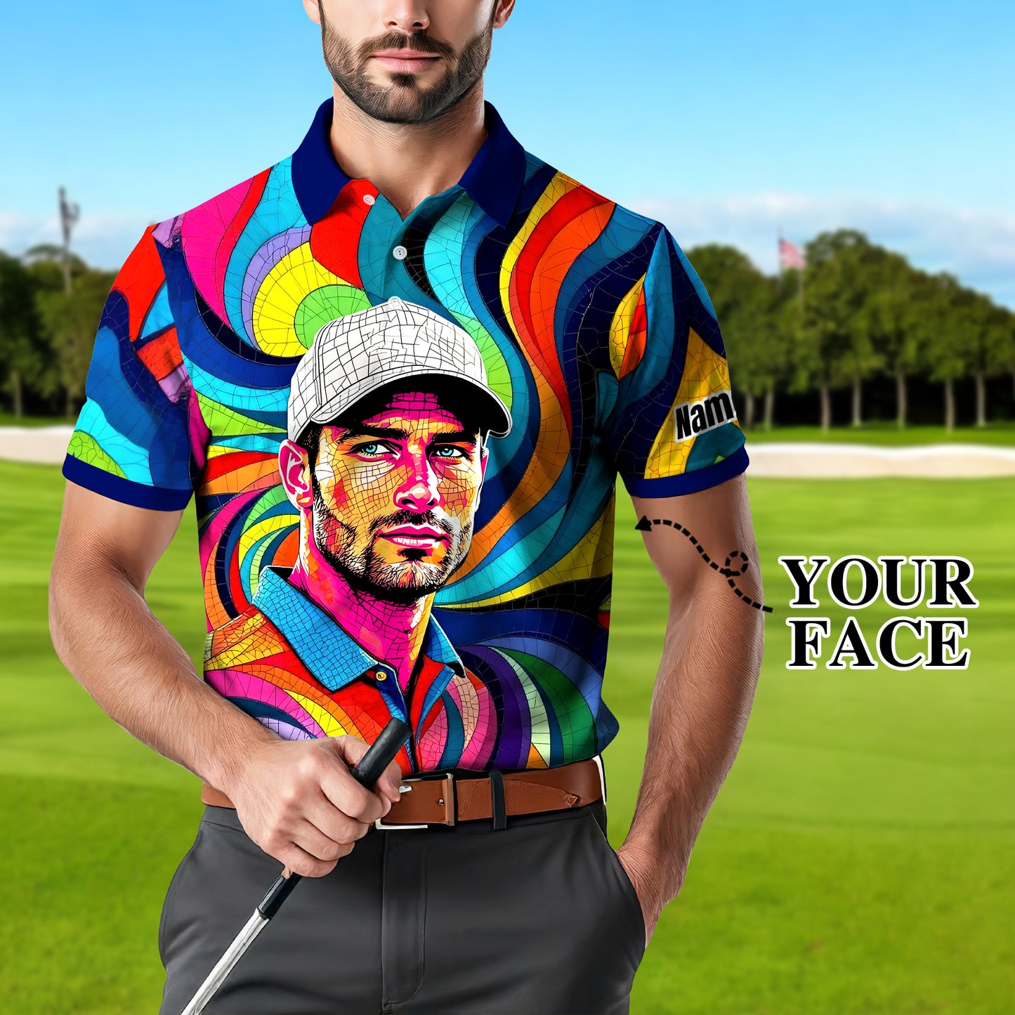 Personalized Mosaic Portrait Polo — Custom Face Mosaic Art Style Shirt Style 15