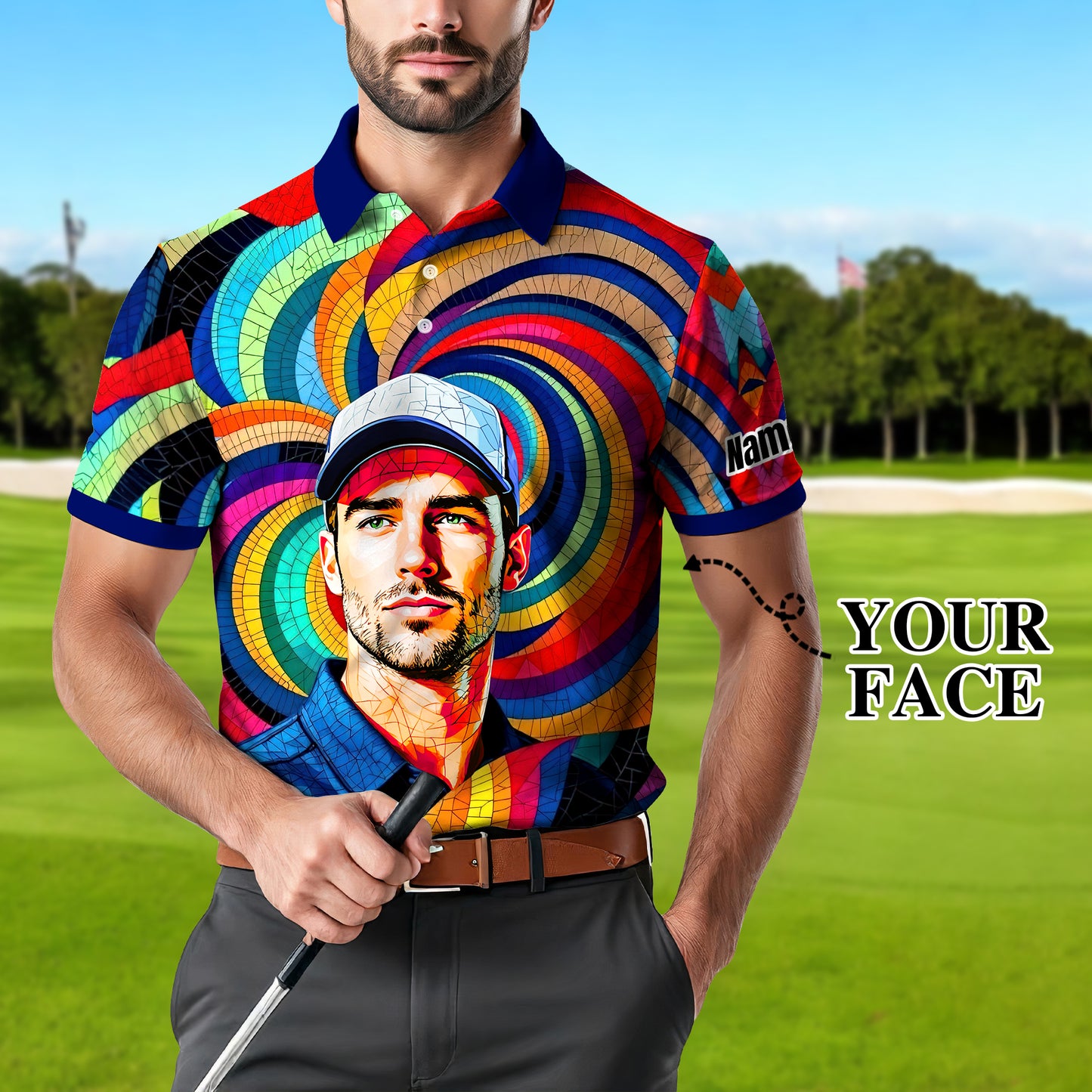 Personalized Mosaic Portrait Polo — Custom Face Mosaic Art Style Shirt Style 13