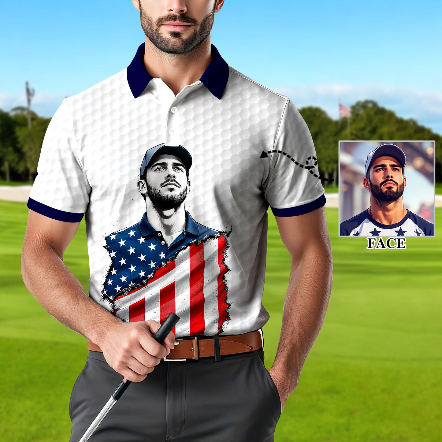 HomyGifts Men's Customized Face Artistic Golf Polo Shirt, Personalized American Flag Design, Unique Gift for Patriotic Golfers Style 3