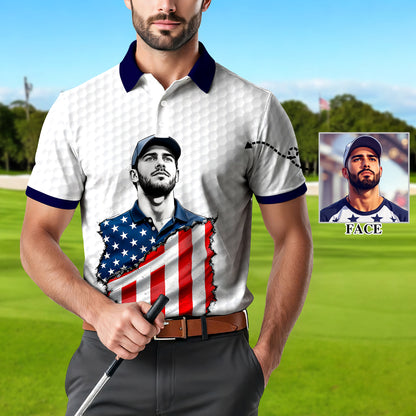 HomyGifts Men's Customized Face Artistic Golf Polo Shirt, Personalized American Flag Design, Unique Gift for Patriotic Golfers Style 3