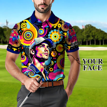 HomyGifts Custom Face Polo Shirt – Personalized Abstract Geometric Art Photo Shirt, Unique Gift for Him & Her