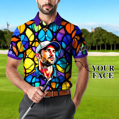 Custom Face Golf Polo Shirt – Personalized Stained Glass Art Shirt, Unique Golf Gift for Him, Colorful Abstract Golf Polo, Custom Sportswear