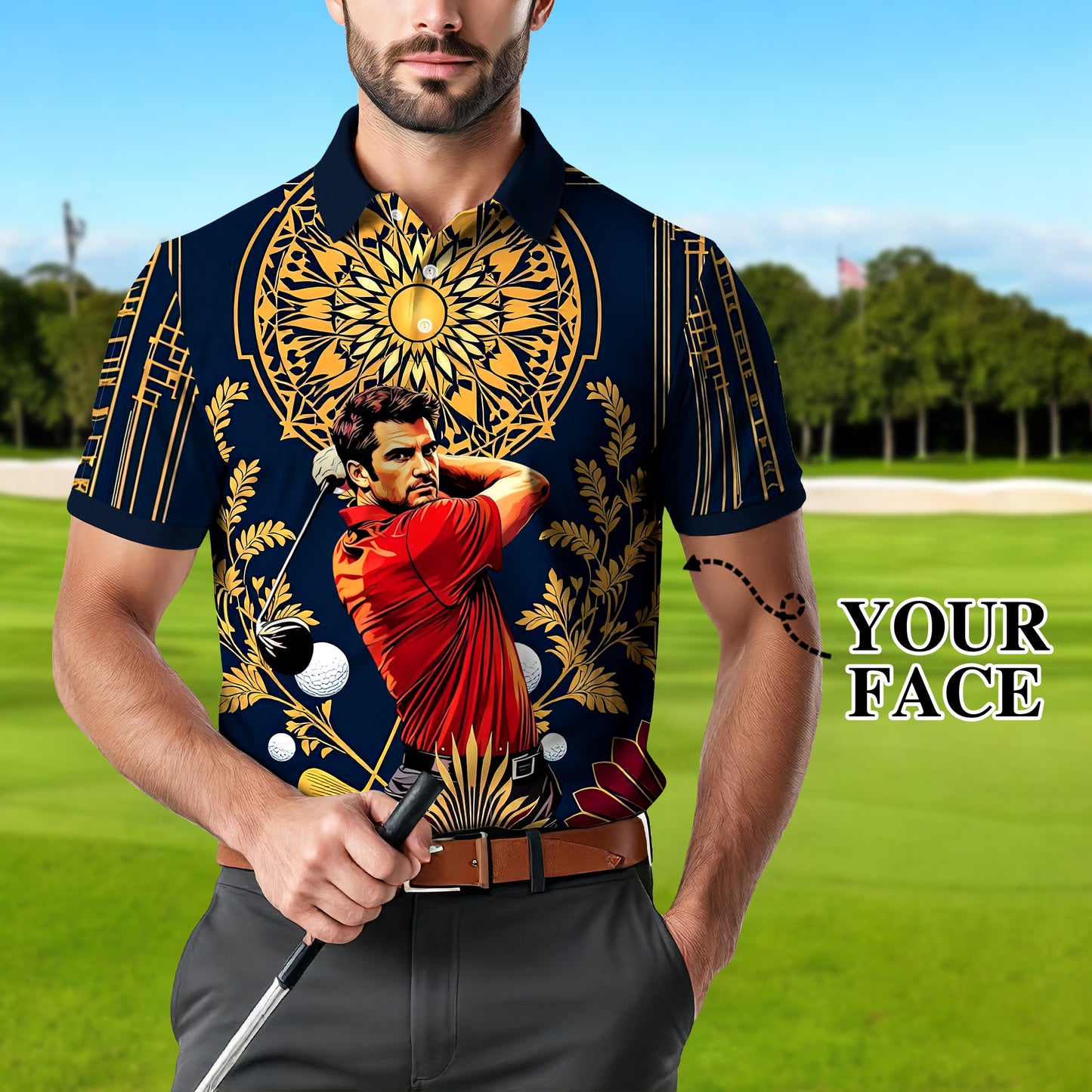Custom Face Golf Polo Shirt – Swing in Gold Art Deco Revival Style | Personalized Golf Shirt for Men Style 8