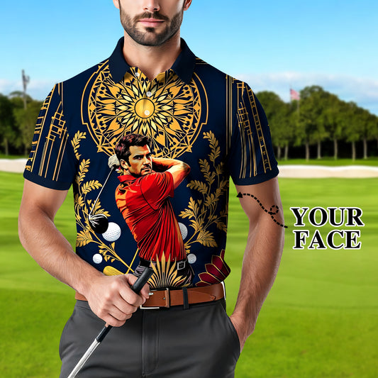 Custom Face Golf Polo Shirt – Swing in Gold Art Deco Revival Style | Personalized Golf Shirt for Men